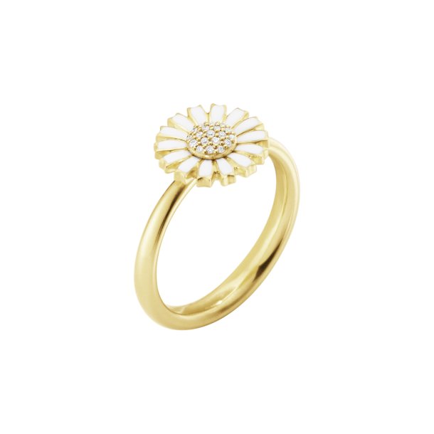 Daisy ring i forgyldt slv m. hvid emalje og diamanter fra Georg Jensen