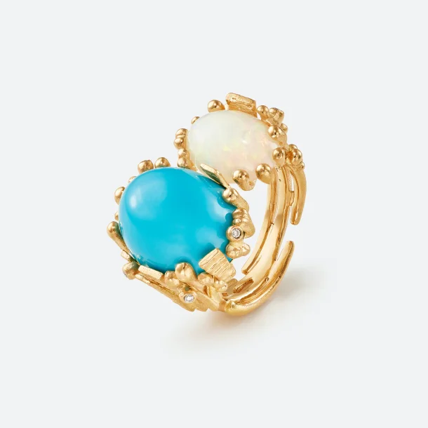 BoHo ring, dobbelt, i guld med turkis, opal og diamanter fra Ole Lynggaard