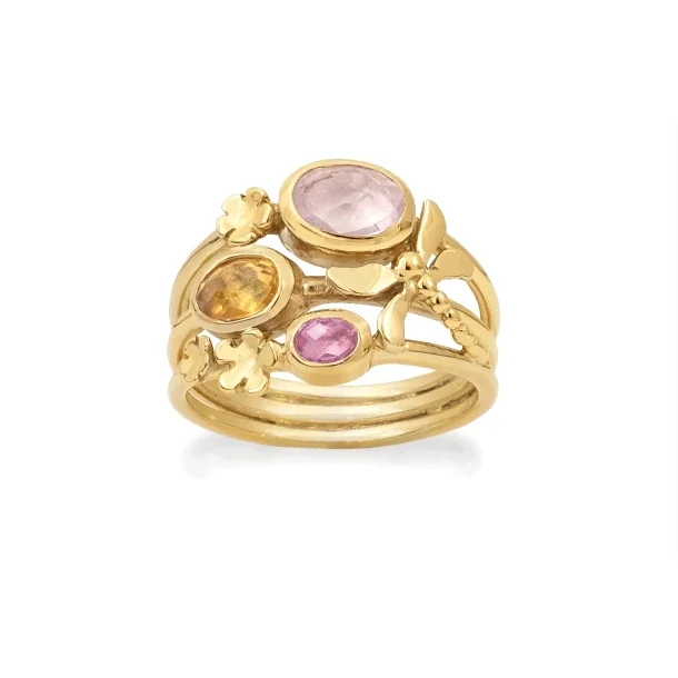 Rabinovich Dragonfly Ring s�lv forgyldt med rosakvarts, citrin og pink topas str.57