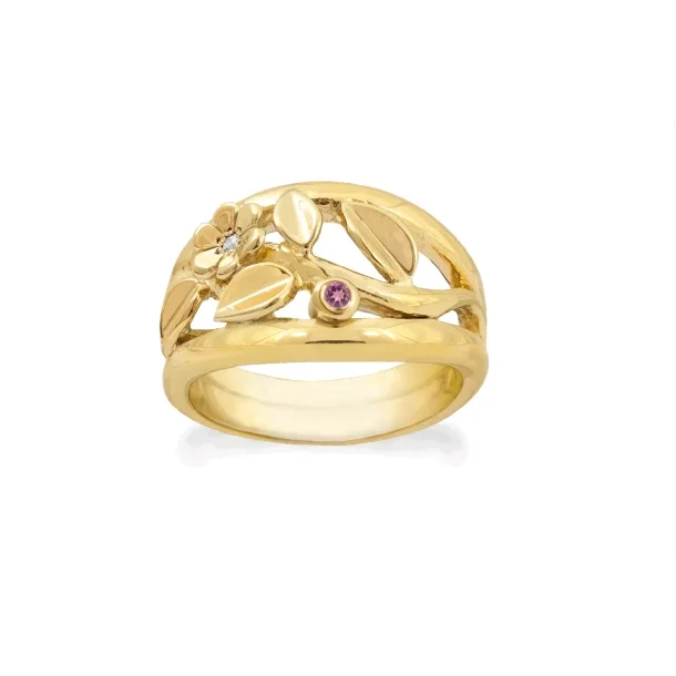 Rabinovich Leaf Vine Ring s�lv forgyldt med pink turmalin og blomst med zikonia str.58