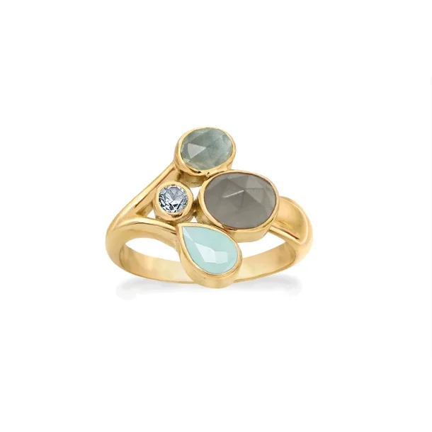 Rabinovich Belvedere ring s�lv forgyldt m. calcedon, gr� m�nesten, bl� kvarts, sky bl� topas str.53
