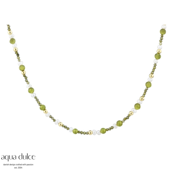 Aqua Dulce Aya Olive collier s�lv forgyldt med jade/ferskvandsperle/glas 42+3cm