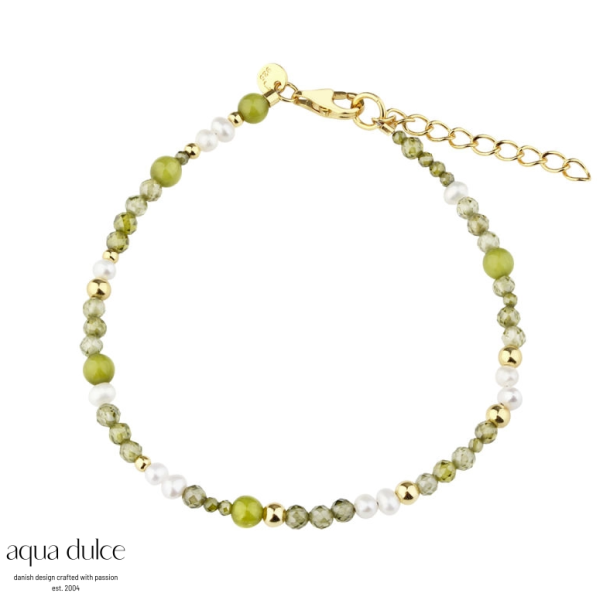 Aqua Dulce Aya Olive armb�nd s�lv forgyldt med jade/ferskvandsperle/glas 17+3cm