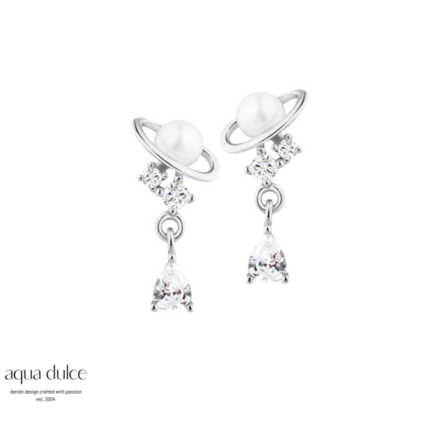 Aqua Dulce Dreamlit planet s�lv�restik med ferskvandsperler og zirkonia