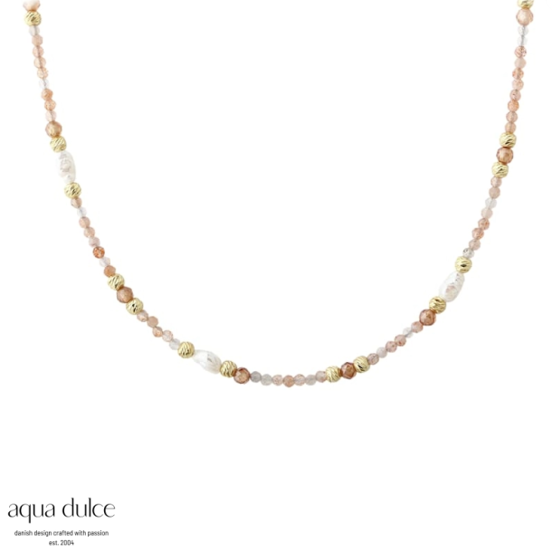 Aqua Dulce Sunella simple collier forgyldt s�lv med ferskvandsperler/rosa quartz 42-45cm