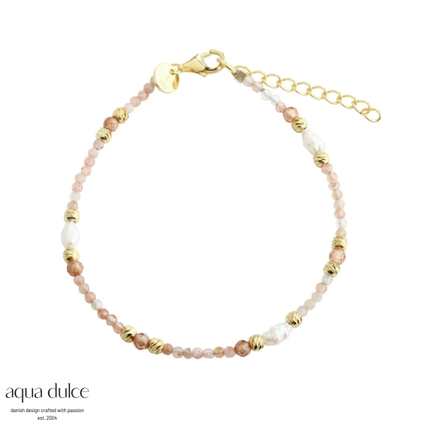 Aqua Dulce Sunella armb�nd forgyldt s�lv med ferskvandsperler/rosa quatz 17-20cm